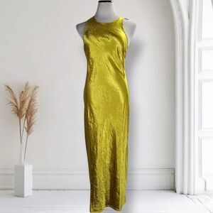 House of Harlow Crinkle Satin Midi Dress Size S Chartreuse Bias Cut